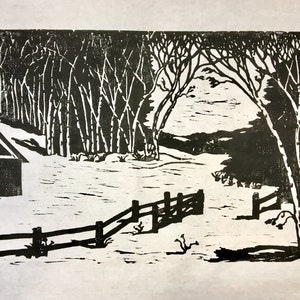 Birch Woods Woodcut Print: Barn and Fence Landscape Art