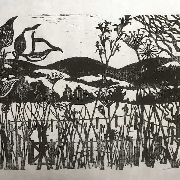 woodcut print of autumn garden, in black and white, by Vermont artist Margot Torrey