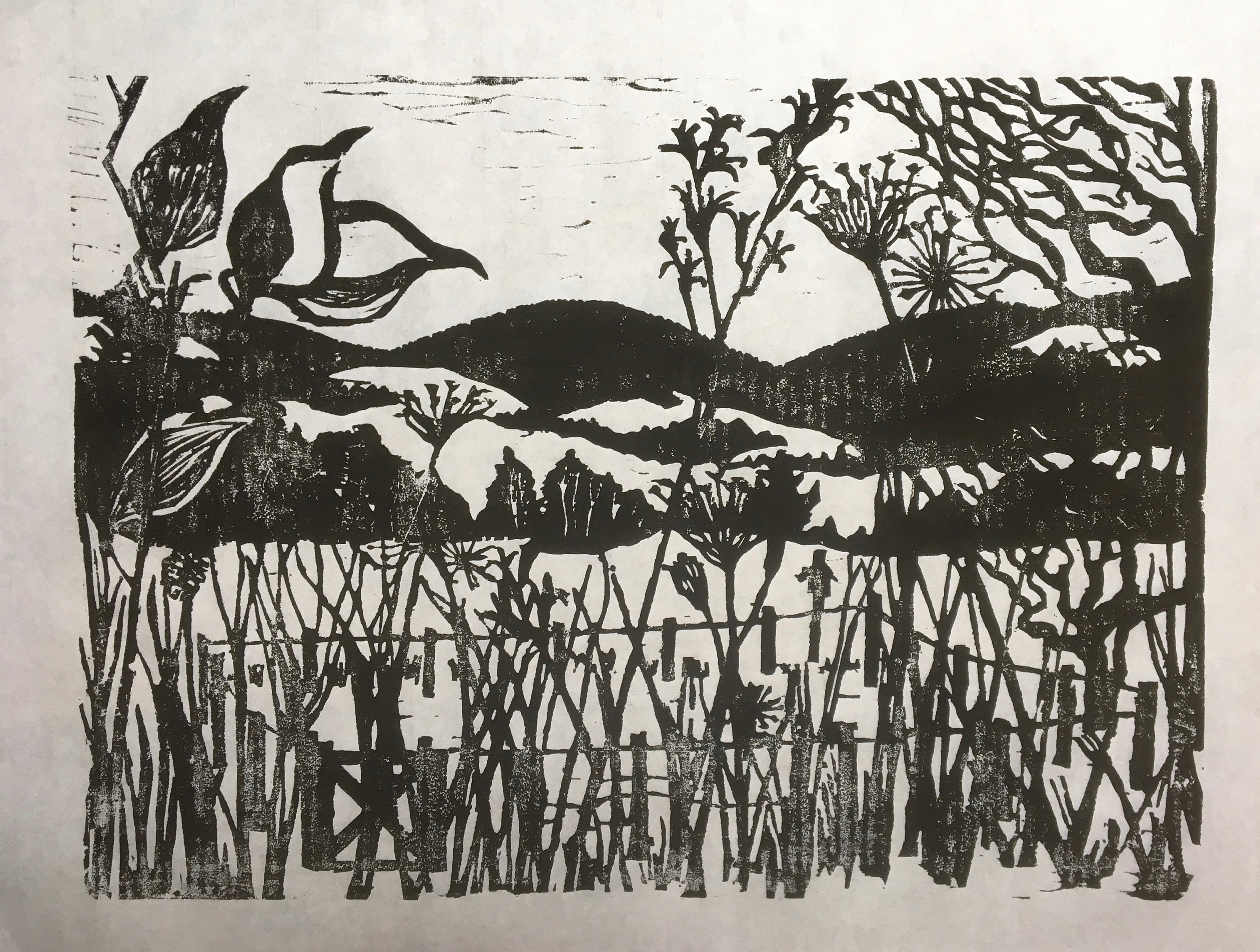 woodcut print of autumn garden, in black and white, by Vermont artist Margot Torrey
