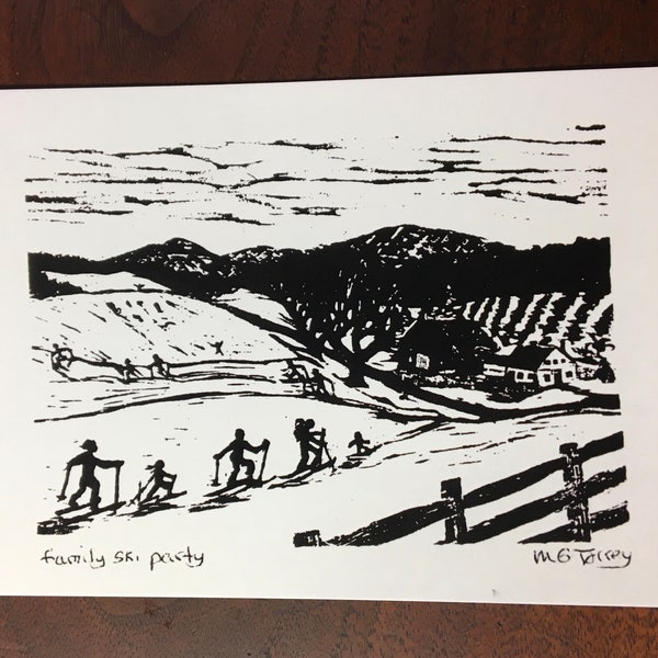 set of 10 art postcards of "family ski trip", from a woodcut by Margot Torrey