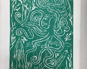 May include: A green and white linocut print featuring an octopus with long tentacles and several human figures. The figures are in various poses, some appearing to be swimming. The print has a handmade aesthetic.