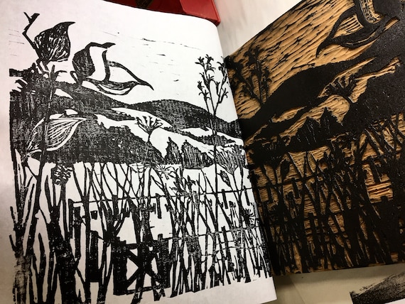 Woodcut Print of Autumn Garden, in Black and White, by Vermont