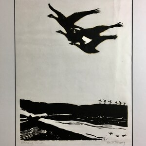 May include: Black and white linocut print of a flock of geese flying over a landscape with trees and the text "Heading South" and the artist's signature "M.G.Torrey".