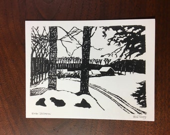 set of 10 art postcards of a snowy field with ski tracks and a farm, by Vermont-based artist Margot Torrey