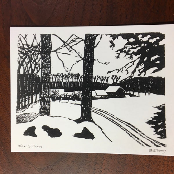 set of 10 art postcards of a snowy field with ski tracks and a farm, by Vermont-based artist Margot Torrey