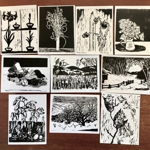 10 art postcards of gardens and trees, from woodcuts by Margot Torrey