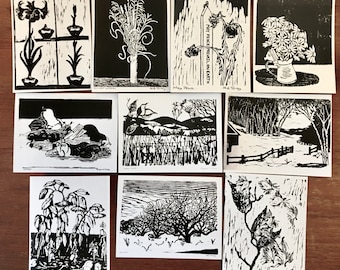 10 art postcards of gardens and trees, from woodcuts by Margot Torrey
