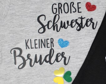 Bügelbild kleine/große Schwester & kleiner/großer Bruder (schwarz/weiß) mit Herz in Wunschfarbe für Kindershirts und Bodys gold glitzer blau