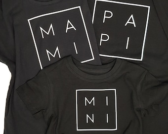 Familien T-Shirt-Aufdruck Mini, Mami, Papi, Papa, Mama, Midi, Maxi, in schwarz und weiß, Bügelmotiv, Bügelbild, Partnerlook zum Aufbügeln