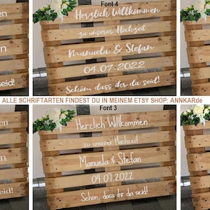 Palettenaufkleber für die Hochzeit personalisiert weiße Schrift Herzen Datum Herzlich Willkommen Polterabend Schild Vinyl Font 4 Bild 7