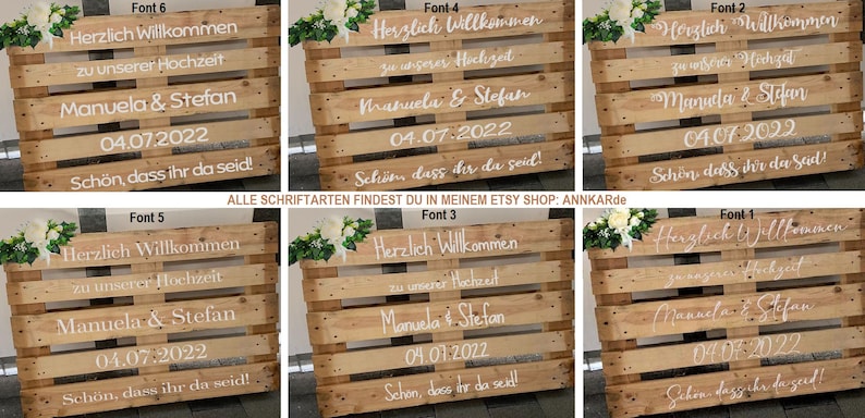 Palettenaufkleber für die Hochzeit personalisiert weiße Schrift Herzen Datum Herzlich Willkommen Polterabend Schild Vinyl Font 4 Bild 7