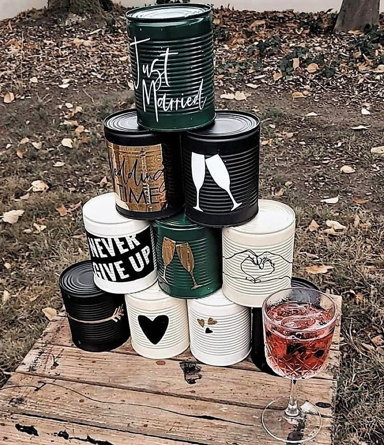 Aufkleberset Dosenwerfen-Spiel bei der Hochzeit in versch Farben (weiß schwarz bronze gold kupfer rosè navy rot)Vinylfolie Party Wurf Gäste