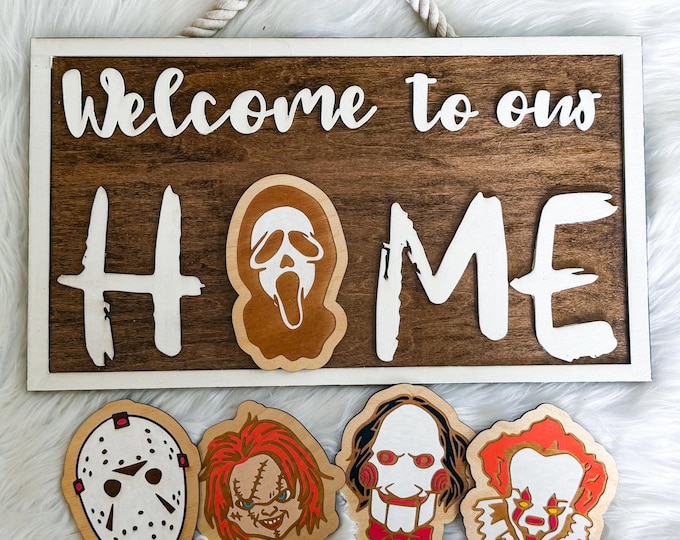 Featured listing image: Interchangeable Halloween Welcome To Our Home Horror Movie Sign with 5 Magnetic Pieces