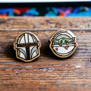 Baby Alien & Dad Mix n Match Stud Earrings, Space Wars Stud Earrings, Movie Character Baby Alien Stud Earrings, Handpainted Wood Earrings