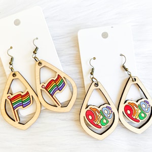Cute Pride Flag & Rainbow Pride Wooden Dangle Earrings, LGBTQ Pride Earrings, Pride Dangle Earrings, Pride Accessories, Gay Pride Earrings