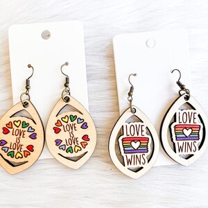Cute Love is Love & Love Wins Pride Wood Dangle Earrings, LGBTQ Pride Earrings, Pride Dangle Earrings, Pride Accessories, Gay Pride Earrings