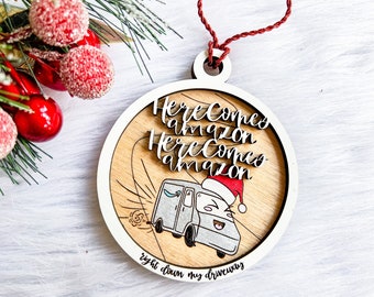 Here Comes Amaz on Christmas Ornament, Funny Christmas Ornaments, Online Shopping Addict Gift, Online Shopping Christmas Ornament