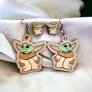 Baby Alien Stud or Dangle Earrings, Baby Alien Cute Handpainted Earrings, Movie Character Baby Alien Earrings, Space Wars Wood Earrings