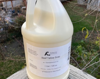 Sandalwood Scented Beef Tallow Liquid Soap - 100% Grass Fed, All Natural, Pump Optional, Hand & Body, Dish and Kitchen, Gentle.