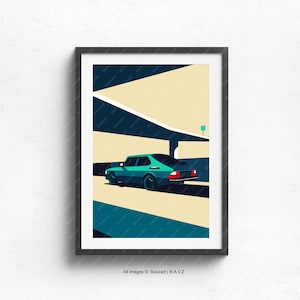 Vintage Vibes, Saab 900 Gliding Under the Overpass für Wohnkultur und besondere Geschenke sowie moderner Auto Kunstdruck zum Geburtstag.