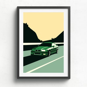BMW E36 M3 stampata su carta fine art opaca bianco naturale, regalo, auto d'arte, illustrazioni, poster, compleanni, stampa murale