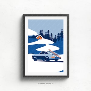 Porsche 911 Ski Ausflug natürlich, Fine Art Papier, Geschenk, klassische Kunst, Poster, Auto Druck, Geburtstag, Posterdruck, Vatertag