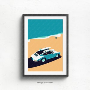 Vintage Porsche Strand Kunstwerk mit Surfbrett - Perfektes Geschenk und Küsten Wohnkultur Stück, ideal für Garagenwände und alle besonderen Anlässe