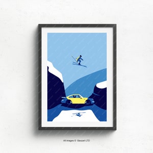 Porsche 911 ski poster, gift, illustrations, poster, car print, birthday, wall decor, fathers day, ski print