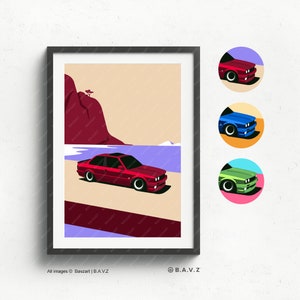 BMW e30 printed on natural white matte fine art paper, gift, art car, illustrations, poster, birthdays, wall print