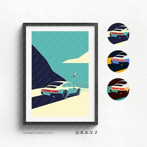 Porsche 993 Coastal Drive Art, vintage autoposter met klif en bootscène voor cadeaus en wanddecoratie in huizen en kantoren