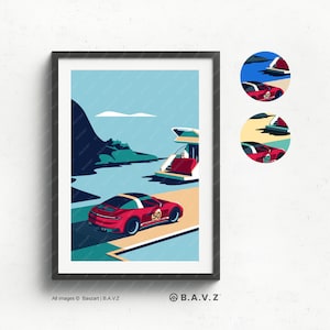 Porsche Targa Island Escape Artwork: poster di auto d'epoca con scena costiera, vista sull'oceano, isola tropicale e decorazioni artistiche automobilistiche per regali
