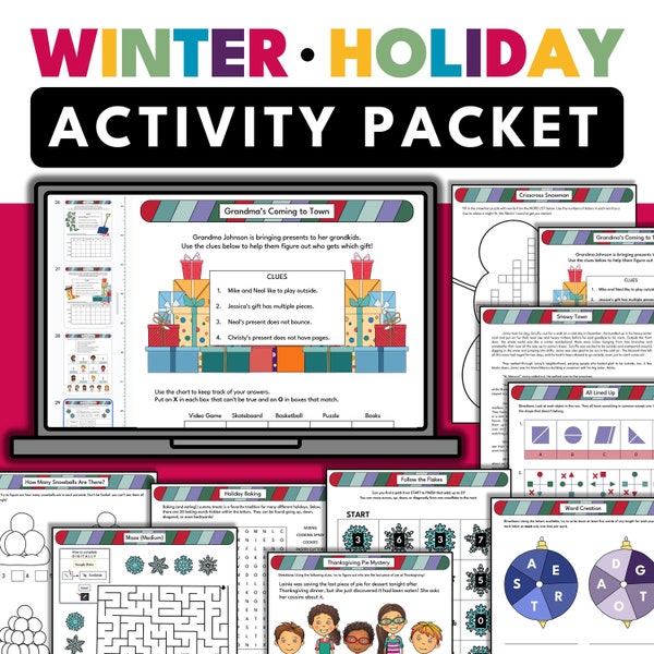 Winter Holiday Fun Activity Packet | Grades 3-6 | Math ELA Brain Teasers Puzzles