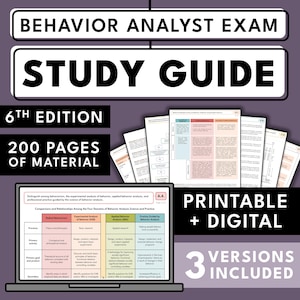 May include: A Behavior Analyst Exam study guide featuring 200 pages of material, 6th edition, printable and digital, with 3 versions included. The image displays a laptop screen showing a table comparing four domains of behavior analysis science.