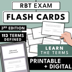 May include: Flash cards for the RBT exam. The cards are labeled "RBT EXAM FLASH CARDS" and include "3RD EDITION" and "113 TERMS DEFINED." The cards are printable and digital, with the text "LEARN THE TERMS" and "PRINTABLE + DIGITAL."