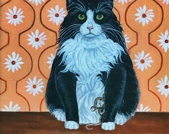 Retro Fat Tuxedo Katze mit Gänseblümchen und Mäusefreund Originalgemälde auf Galerieleinwand 11 x 14