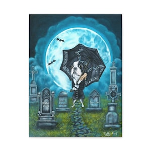 Cute Gothic Halloween Wednesday  Adams Boston Terrier with Thing in spooky graveyard original painting wrapped canvas print