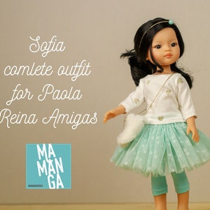 SOFIA complete Outfit for Paola Reina Amigas 13 inch doll, mint tutu skirt, shirt, leggins, bag and headband, 5 piece set for 13 inch doll