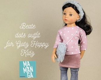 BEATE complete Outfit for Gotz Happy Kidz 18 inch doll, dotted shirt, leggings, mini skirt, vegan fur bag, headband, Gotz doll clothes