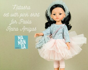 NATASHA complete Outfit for Paola Reina Amigas 13 inch doll, powder pink tutu skirt, shirt, leggins, bag and headband, set for 13 inch doll