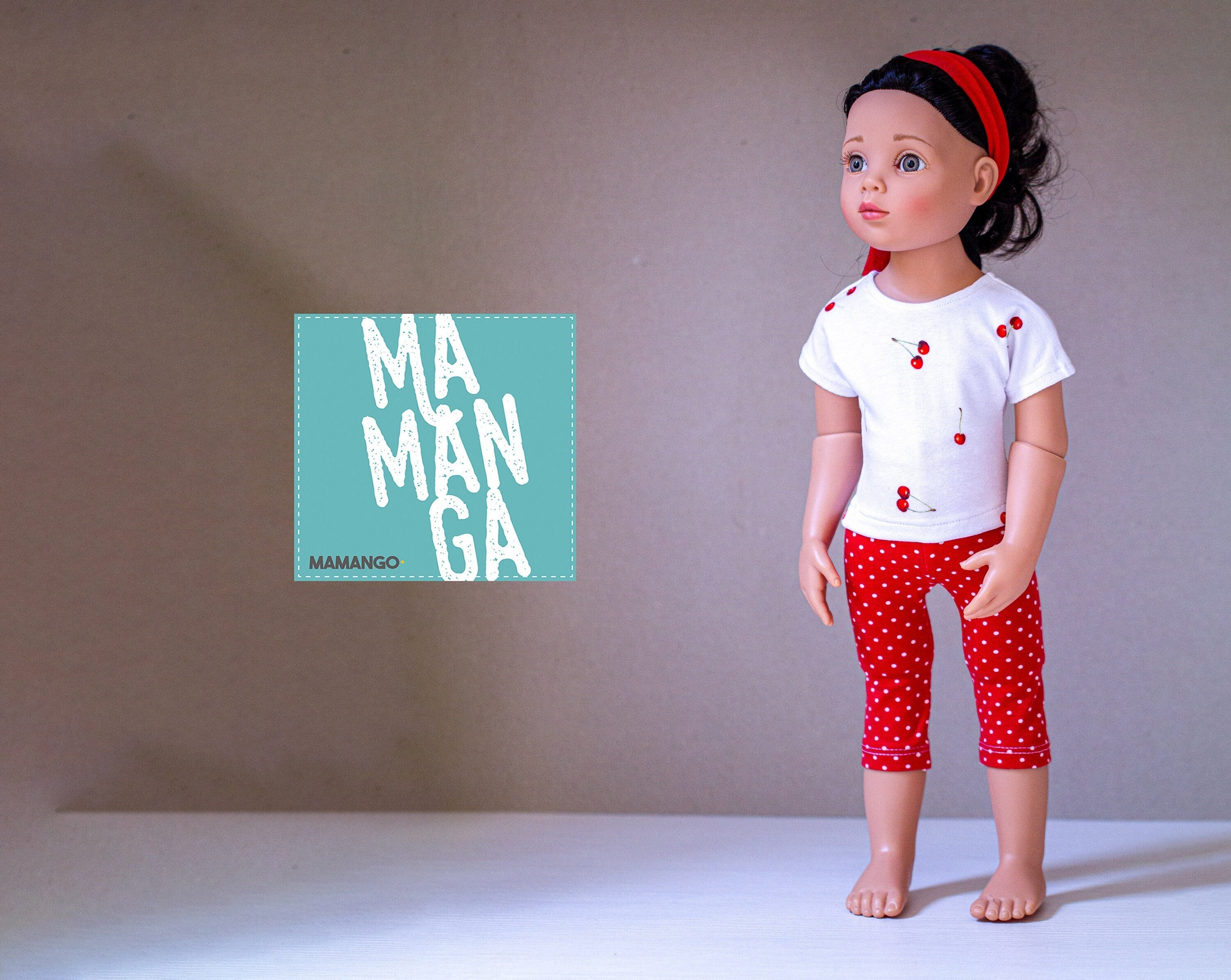 REA chic outfit for 18 inch doll, outfit for Gotz Happy kidz doll, 18 inch doll clothes, shirt with cherries, red leggings with polka dots