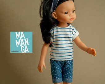 Paola Reina Amigas Puppenkleidung, Ringelshirt und Jeans Shorts
