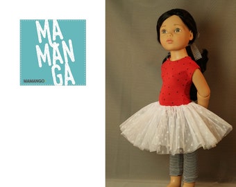 May include: A white tulle tutu with black polka dots, worn by a doll with red and black polka dot shirt and black and white striped leggings. The doll has long dark hair and is wearing a red bow. The image includes the text "MAMANGA" in a blue box.