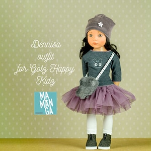 DENNIS complete Outfit for 18 inch doll, violet tutu skirt, shirt with teddy, leggins, bag and cap, Gotz Happy Kidz clothes, Doll clothes