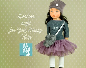DENNIS complete Outfit for 18 inch doll, violet tutu skirt, shirt with teddy, leggins, bag and cap, Gotz Happy Kidz clothes, Doll clothes
