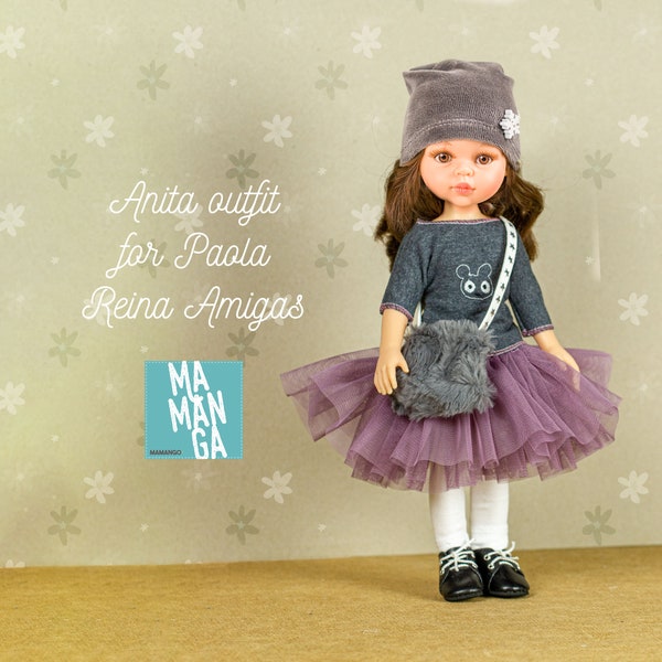 ANITA complete Outfit for Paola Reina Amigas 13 inch doll, mauve tutu skirt, shirt with teddy, leggins, bag and cap, Paola Reina clothes