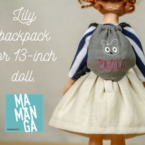 LILY personalised backpack for Paola Reina Amigas 13 inch doll, backpack with Teddy, linen backpack with embroidery, personalised doll bag.