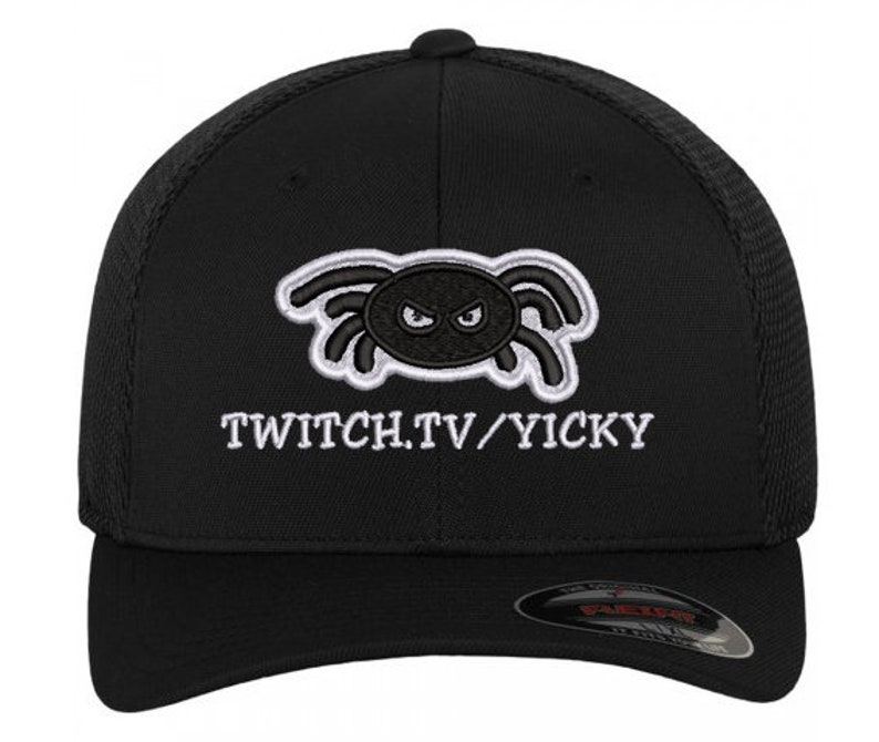 Black Flexfit hat with Twitch.TVYicky spider logo on front in white and black embroidery.