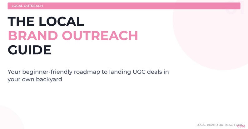May include: A white background with pink accents and text. The text reads "THE LOCAL BRAND OUTREACH GUIDE" and "Your beginner-friendly roadmap to landing UGC deals in your own backyard."