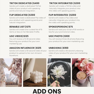 May include: A rate card with the text "RATE CARD" and "@iamsandrascott". Services include TikTok and Flip video creation, Benable lists, UGC videos and photos, Amazon influencer videos, and unboxing videos. Add-ons include Link in Bio, Exclusivity, Usage Rights, and White Listing.