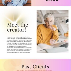 May include: A UGC portfolio template with a woman in a blue shirt and a woman in a yellow sweater. The template includes sections for "Meet the creator," "Your Name," and "Past Clients," with social media icons.